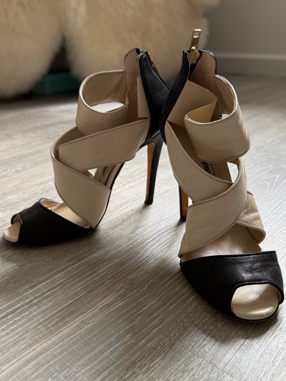 Authentic Manolo Blahnik Black and Cream Strappy High Heel Sandals